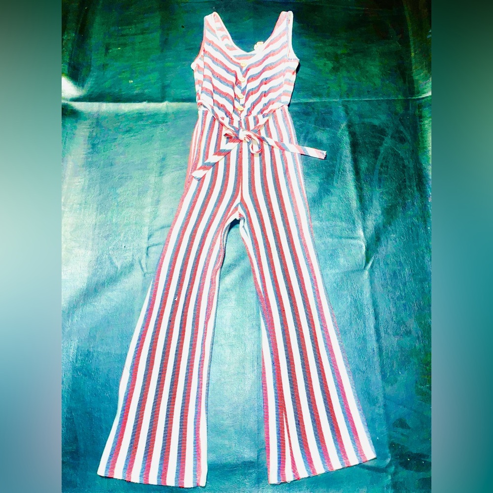 Vintage Silkysoft Rayon Blend Striped Jumpsuit w/wooden accent buttons -